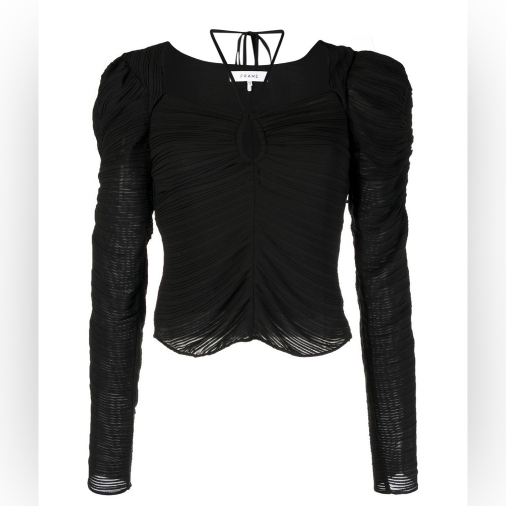Frame Gathered Keyhole Tie Neck Long Sleeve Top Black Size  XL
